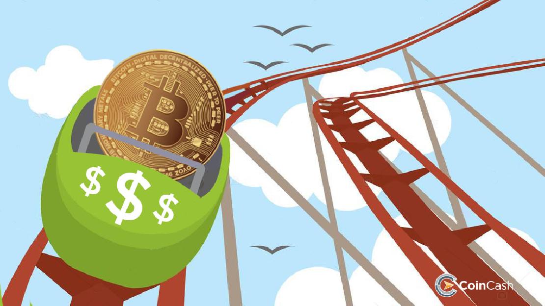 Bitcoin érme ül egy hullámvasúton.